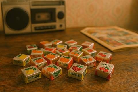Böhme Fruchtkaramellen im Retro-Stil: bunte, einzeln verpackte Kaubonbons auf einem Holztisch, umgeben von Vintage-Elementen wie Kassettenrekorder und Comic – nostalgische Szene im 80er-Jahre-Look.